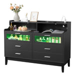 ZUN Black Wood Tempered Glass Drawer Dresser with LED Light Strips & Charging Station & USB Ports Bed 50029284