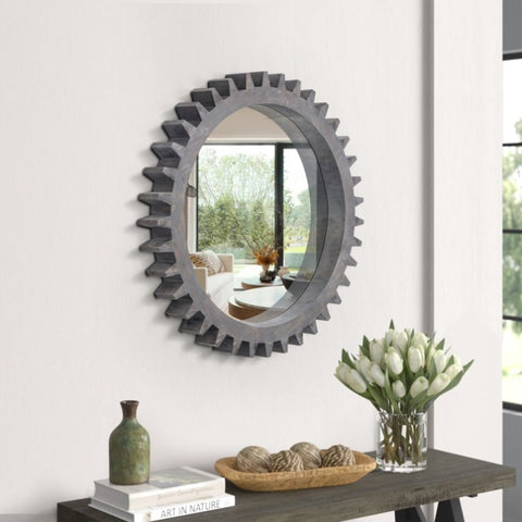 ZUN Vintage 17'' x 17'' Wood Round Hanging Gear Shape Decorative Mirror Patchwork Effect With Large-size W1445P171260