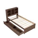 Modern Twin Size Bed Frame With Built-in USB Port on Bookcase Headboard and 2 Drawers for Walnut W697P152020