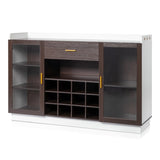 ZUN Double Glass Door with Single Drawer and 12-Bottle Wine Rack Sideboard in Black Frame + White-Brown 64021820