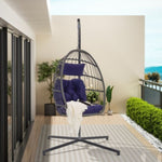 ZUN Outdoor Garden Rattan Egg Swing Chair Hanging Chair Dark Blue Cushion W874126289