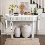 47" Half-Moon Mirrored Console Table with Fluted Glass & Crystal Knob Drawer - Silver Entryway W1445P322849
