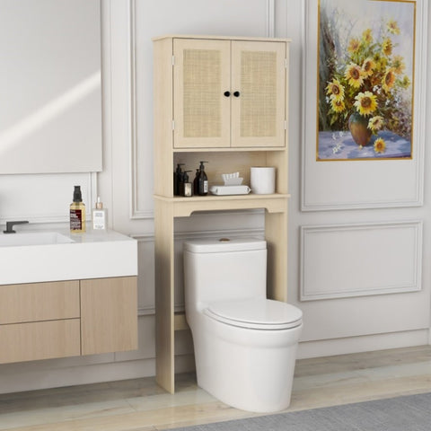 ZUN Over The Toilet Storage Cabinet, Bathroom Shelves Over Toilet with 2 Rattan Doors&Adjustable W282P196032