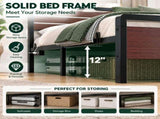 Queen Size Metal Wood Platform Bed Frame, 3-Panel Reddish Brown Wood Grain Headboard with LED Light 45520408