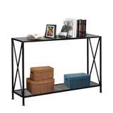 ZUN Grey MDF Countertop Black Wrought Iron Base 2 Layers Forked Console Table 04240871