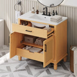 36" Rattan Bathroom Vanity with Ceramic Sink, Modern Bathroom Sink Cabinet with 2 Soft Close Doors N817P271077N
