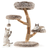 4-Level Natural Pear Wood Cat Tree - 19.5"x35.5", Jute Scratch Posts Plush Ball, Long Plush 98702501