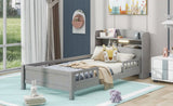 Wood Twin Size Platform Bed with Built-in LED Light, Storage Headboard and Guardrail, Antique Grey WF308150AAE