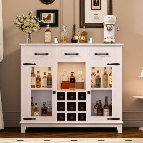 ZUN 47" Farmhouse Coffee Bar Cabinet with Storage, LED Light Charging Station, Power Outlet, Wine & WF323412AAK