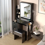 ZUN Small Space Left Bedside Cabinet Vanity Table + Cushioned Stool, 2 AC+2 USB Power Station, Hair W936140174