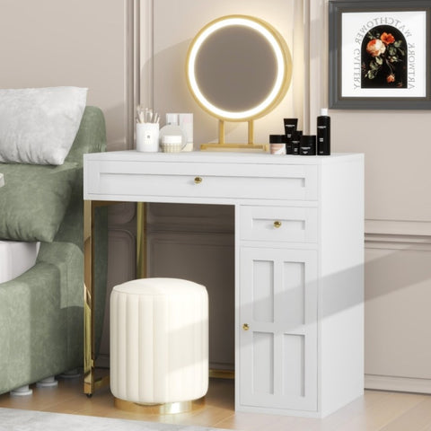 ZUN 31.5'' Makeup Vanity Desk with Lighted Mirror, Luxury Dressing Table with 2 Drawers and 1 Cabinet, 3 N704P210486K