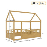 Twin Size Floor Wooden Bed with House Roof Frame, Fence Guardrails, W1858P310084