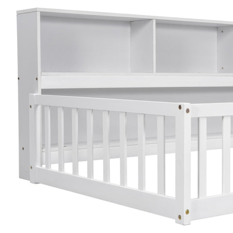 ZUN Twin Floor Bed with Bedside Bookcase,Shelves,Guardrails,White W504142771