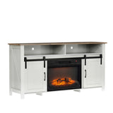 58" White Wash & Brown Top Barn Door Fireplace TV Stand for 23" Insert, Sliding Track Design 65998753
