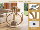 Modern 2-Tier Side Table with Tempered Glass Top & Faux Marble Base, Gold & White Round End Table 39598024