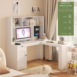 ZUN L Shaped Desk with outlet, Computer Desk with Drawers, Bookshelf & Hutch, Modern Corner Desk, Home 06069897