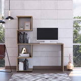 ZUN Light Oak and White Writing Desk with Geometric Bookcase B062111639