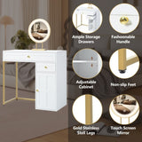 ZUN 31.5'' Makeup Vanity Desk with Lighted Mirror, Luxury Dressing Table with 2 Drawers and 1 Cabinet, 3 N704P210486K