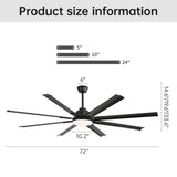 ZUN 72 Inch Modern Large Design Ceiling Fans With Smart Remote Control 6 Wind Speed DC Motor Black for W882P244721