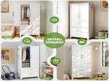 White Metal Wardrobe Closet with 2 Doors and Drawers, 71 Tall Storage Cabinet for Bedroom, T2398P480393