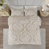 3 piece Tufted Cotton Chenille Damask Comforter Set Taupe Full/Queen B03597173