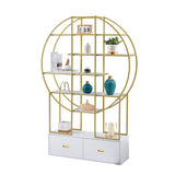 70.8 Inch Round Office Bookcase Bookshelf, Display Shelf, Two Drawers, Gold Frame WF306850AAG