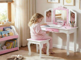 Children's Wooden Dressing Table Three-Sided Folding Mirror Dressing Table Chair Single Drawer Blue 21682887