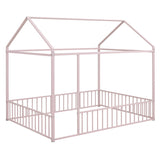 Full Size Metal Bed House Bed Frame with Fence, for Kids, Teens, Girls, Boys,Pink MF304787AAH