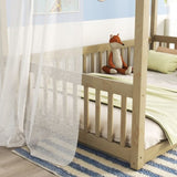 Full Size Canopy Frame Floor Bed with Fence, Guardrails,Natural W504P143283