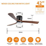 ZUN 42 inch Black Wood Ceiling Fans Lights and Remote, Modern Flush Mount Low Profile Ceiling Fan W2352P154687