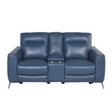 High-Leg Console Loveseat - Top-Grain Leather, Dual-Power, Ocean Blue Color - Stowaway Footrest, B081109567