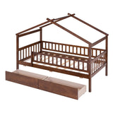 Twin Size Wooden House Bed with Two Drawers, Walnut WF302181AAL