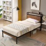 ZUN Twin Size Metal Platform Bed Frame with Wooden Headboard and Footboard with USB LINER, No Box Spring W311134483