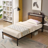 Twin Size Metal Platform Bed Frame with Wooden Headboard and Footboard with USB LINER, No Box Spring W311134483