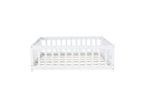 Full Size Floor Bed with Fence and Door,Rubber Wood Floor Bed with Safety Guardrails,White W504P296786