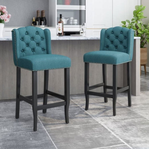 ZUN Vienna Contemporary Fabric Tufted Wingback 31 Inch Counter Stools, Set of 2, Teal and Dark Brown 64856.00T