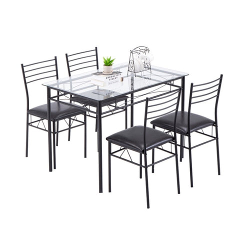 ZUN [110 x 70 x 76cm] Iron Glass Dining Table and Chairs Black One Table and Four Chairs PU Cushion 36919194