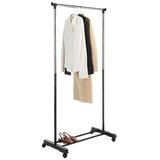 ZUN Single-bar Vertical & Horizontal Stretching Stand Clothes Rack with Shoe Shelf YJ-01 Black & Silver 62194653