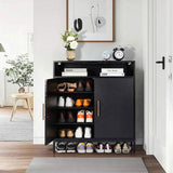 Double Door 6-Layer Shoe Cabinet with High Foot LED Lights Particle Board 80*38*90cm Black 83568642