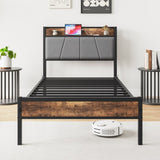Twin Size Bed Frame, Storage Headboard with Charging Station, Solid and Stable, Noise Free, No Box 75440206