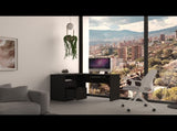 L-Shaped Desk, Keyboard Tray, Two Drawers, One Open Shelf, Black B097133035