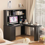 ZUN L Shaped Desk with Charger,Computer Desk with Drawers,Bookshelf & Hutchwith LED Light,Modern Corner 66670798