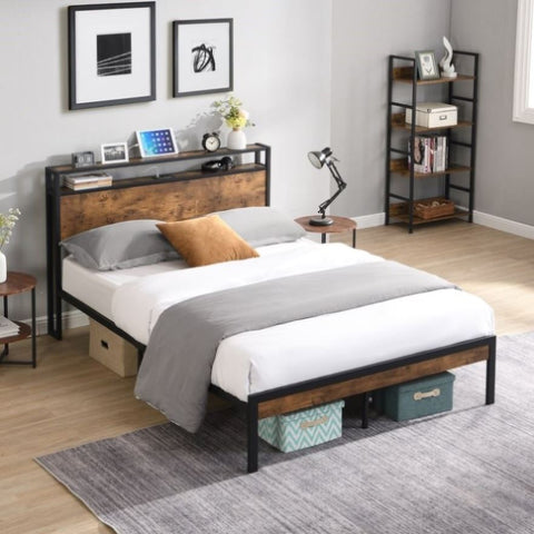 ZUN Full Size Metal Platform Bed Frame with Wooden Headboard and Footboard with USB LINER, No Box Spring W31183489