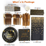 ZUN 201PCS Black Gold Birthday Party Supplies For 25 Guests Happy Birthday Disposable Dinnerware Set 83891803