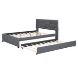 Full Size Upholstered Platform Bed with Brick Pattern Headboard and Twin Size Trundle, Linen Fabric, 49640107
