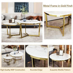 ZUN Modern Round Nesting Coffee Table Set 2-Piece White & Marbling Top Gold Base WF320651AAK