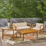 ZUN Outdoor 4-Seater Acacia Wood Chat Set with Coffee Table with Cushions, Teak and Beige 63347.00BGE