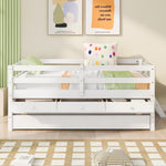 ZUN Low Loft Bed Twin Size with Full Safety Fence, Climbing ladder, Storage Drawers and Trundle White WF312991AAK