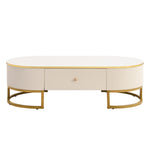 ZUN Modern Oval Coffee Table with Drawers,Curved Profile Design, Gold Metal Decor, Center Table for N735P192897K