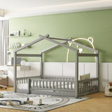 Full Size Wood Bed House Bed Frame with Fence, for Kids, Teens, Girls, Boys,Gray WF302177AAE
